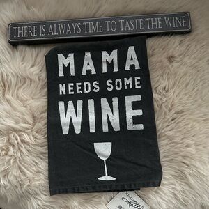 Primitives by Kathy Black and White Wine Towel with wooden shelf sign.